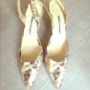 Manolo Blahnik Hangisi butterfly kitten heels.