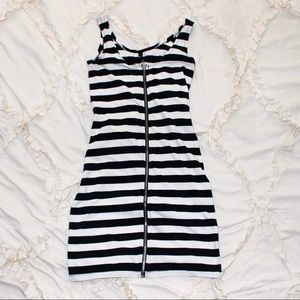 Black and White Striped Body Con Dress w/ Full Zip