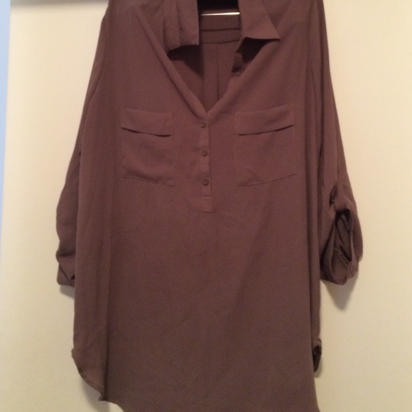 Simple Dark Taupe Half Button Down Blouse