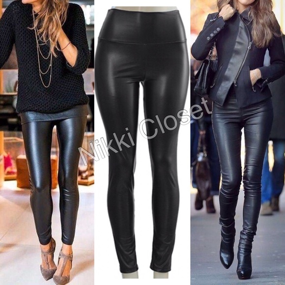 Black Faux Leather High Waisted Leggings LINED - Picture 2 of 4