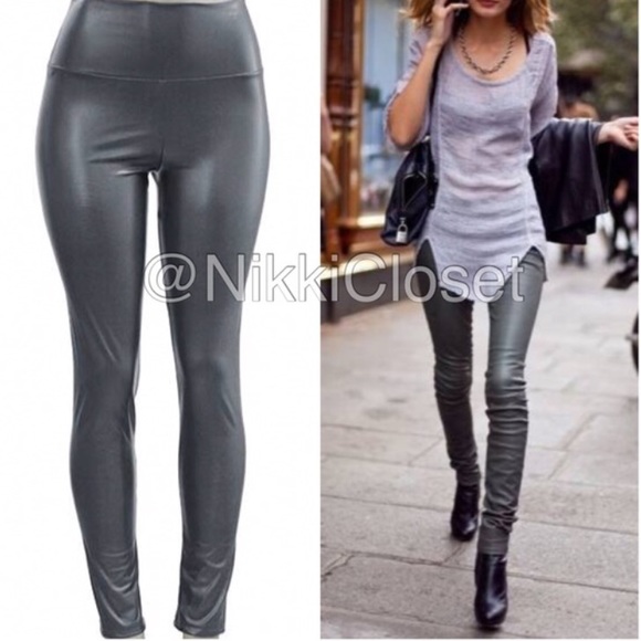 Black Faux Leather High Waisted Leggings LINED - Picture 4 of 4
