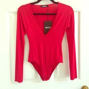 Red deep v-snap body suit