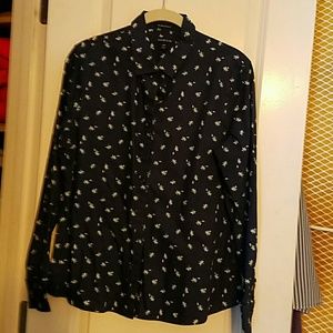 Navy Lands End Blouse with White and Green Flowers