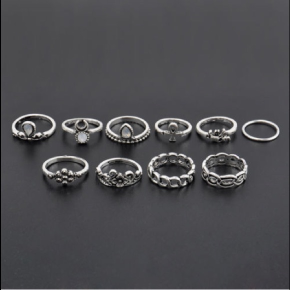 BOHO Pagan Moon Ankh Celtic Floral 10 Ring Set - Picture 3 of 4