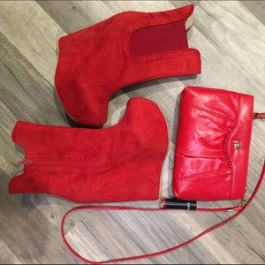 Red wedged booties.
