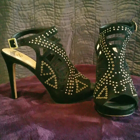 Vince Camuto black and gold suede heels