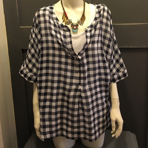 LOFT  dolmam sleeve cotton navy gingham shirt