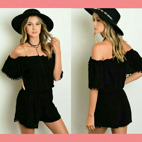 ❗LAST ONE❗BLACK OFF SHOULDER POM ROMPER - Picture 6 of 6