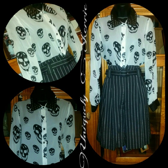 Evenuel Tops - SOLD. Skelton/Spike Collar Sheer Blouse