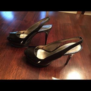 Bebe Zahara Black sling back peep toe heels, 10m