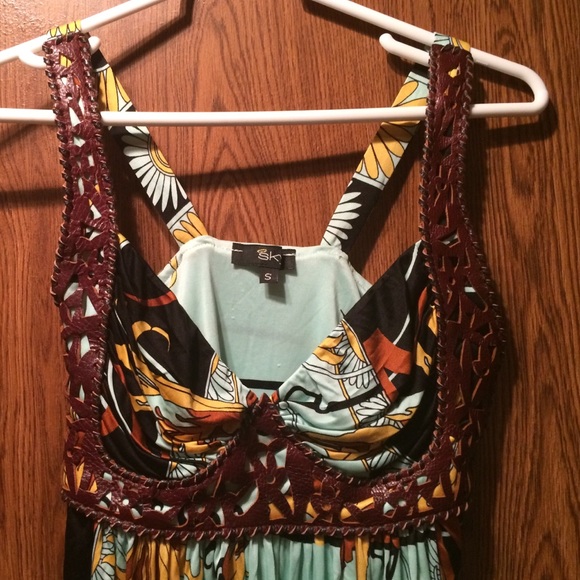 Sky print dress with brown leather corset - Picture 2 of 4
