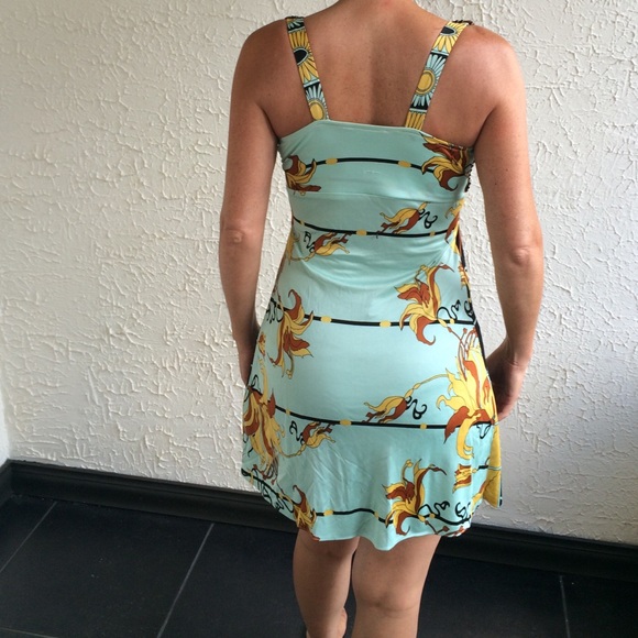 Sky print dress with brown leather corset - Picture 3 of 4