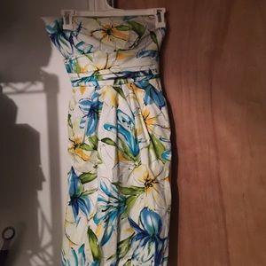 Strapless white and blue floral printed dress