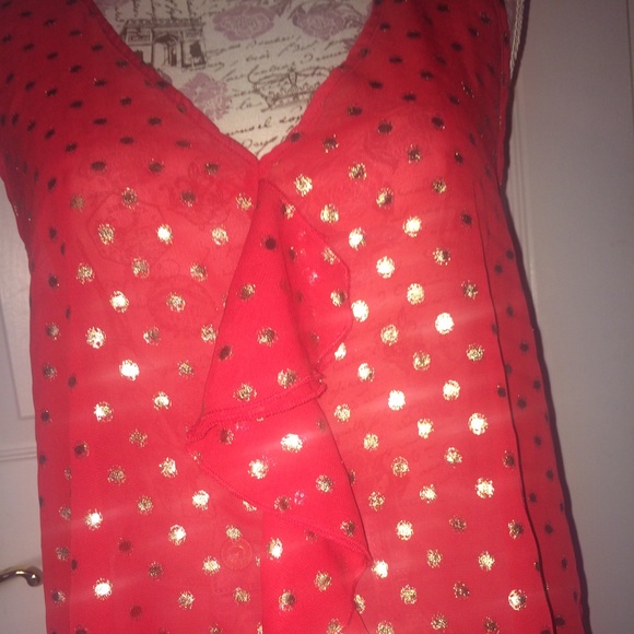 Red sheer v neck gold polka dot blouse!