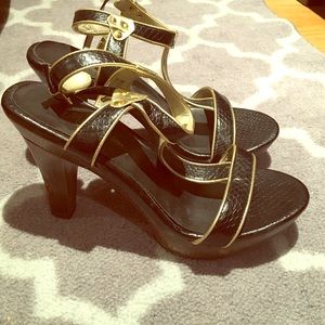 Embossed snake print and gold corked sandals