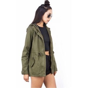 Olive Green Drawstring Hooded Anorak