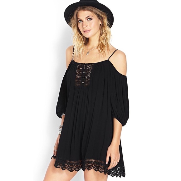 Forever 21 Cold Shoulder Peasant Dress, Black