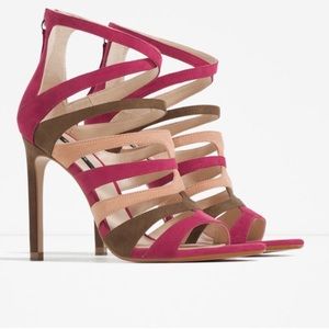 NWT  Zara Pink & Tan Strappy Peep Toe Sandal Heels