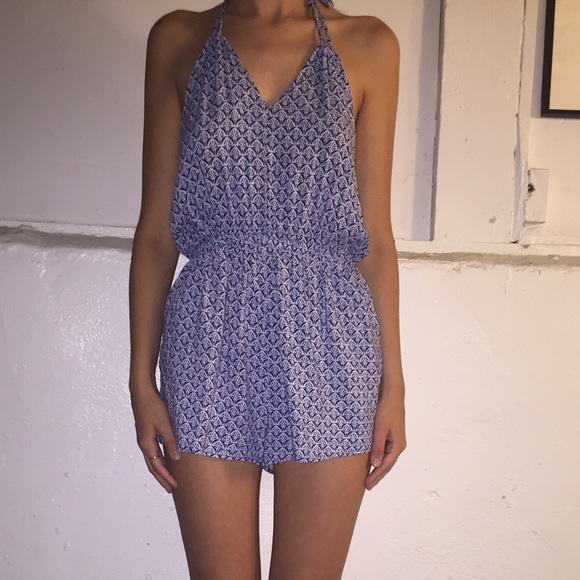 Forever 21 Halter Backless Romper, Blue/White
