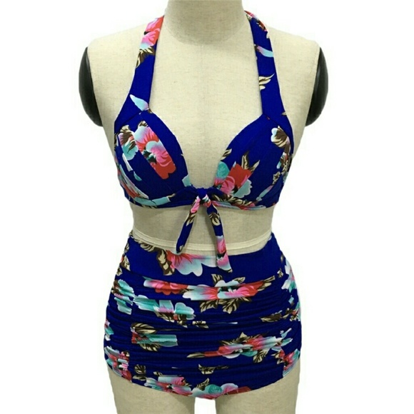 Blue Floral Halter High Waist Bikini Carnival Swim