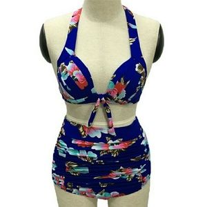 Blue Floral Halter High Waist Bikini Carnival Swim
