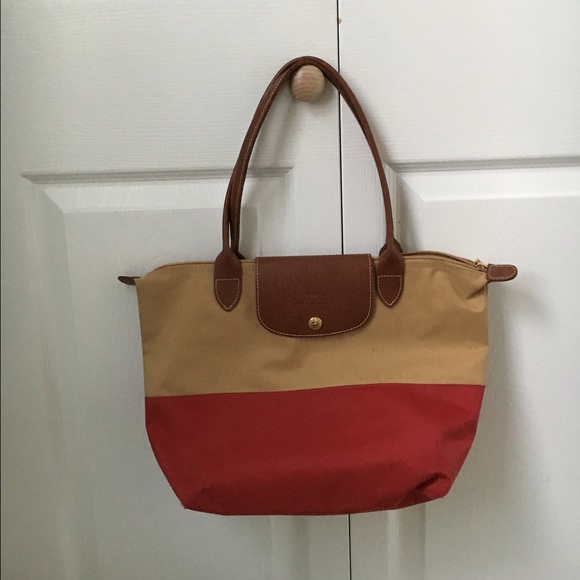 Longchamp tan & red tote.