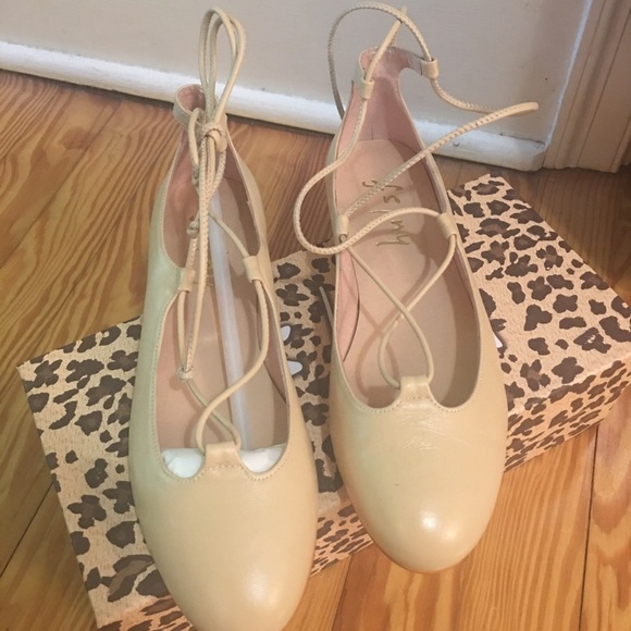 New Nude leather lace up strap ballet slipper shoe