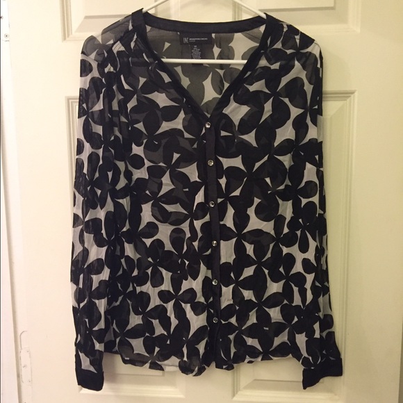 Black and white floral sheer button up with jewels