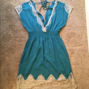 Teal Blue Dress with Lace Trim. Size L