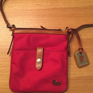 Downey & Bourke red crossbody with leather details