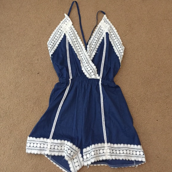 Navy Blue Romper with Lace Trim