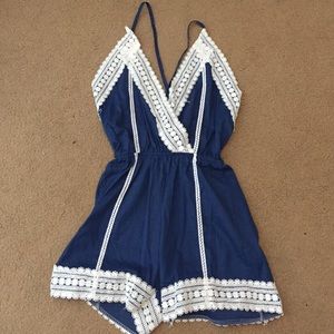 Navy Blue Romper with Lace Trim