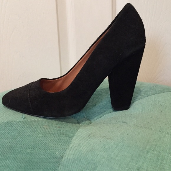 Black suede stacked heel pumps