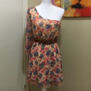 Floral belted one shoulder dress!