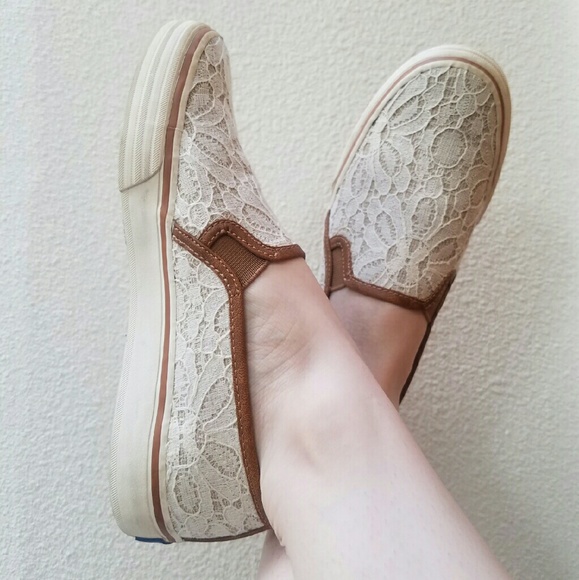 Keds Cream Lace Sneakers w/Brown Leather Accents