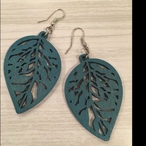 Cute teal wooden leaf earrings