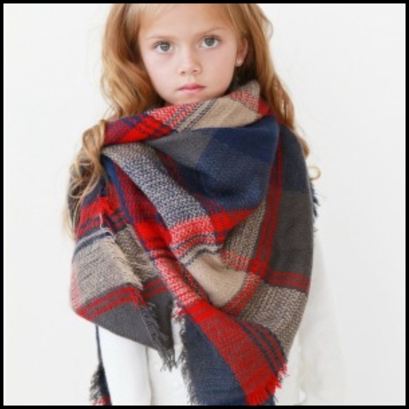 Kids Navy & Red Plaid Blanket Scarf