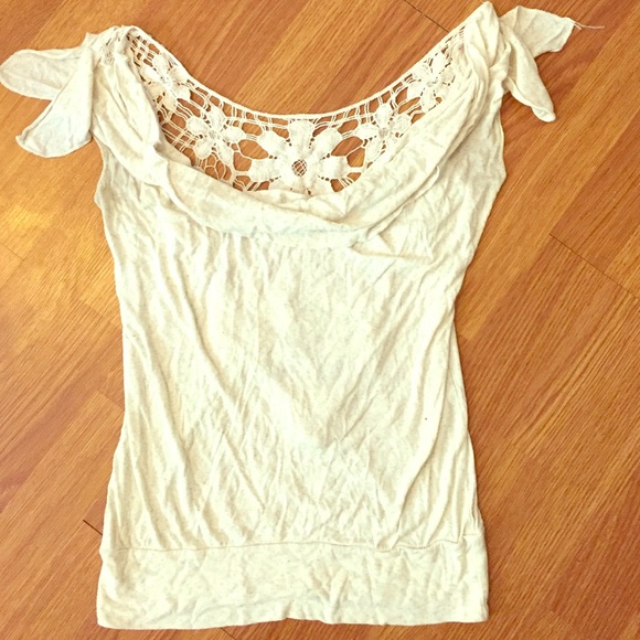 Cream cowl neck tank top with crochet back