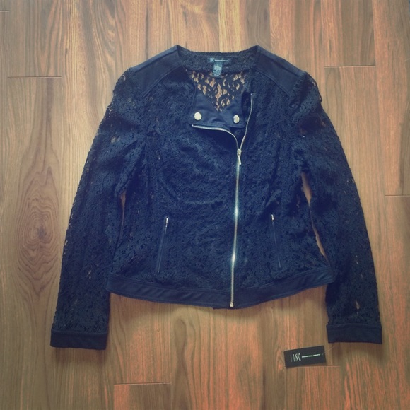 NWT Macy's INC black lace motorcycle jacket