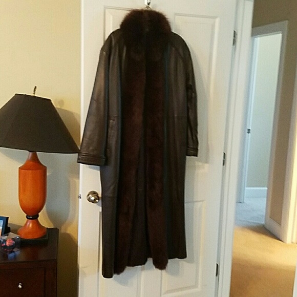 Long leather and fox trimmed coat