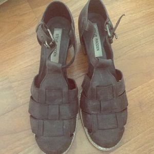 Steve Madden 2" think heel grey sandal.