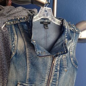 Denim vest with asymmetrical zipper, gold spikes