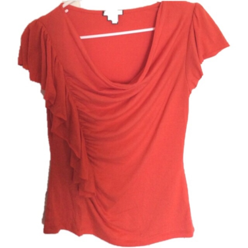Orange Side Ruffle Ruched Scoop-neck Blouse