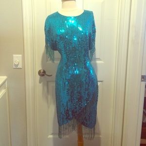 70s Vintage 100% silk teal beaded and sequin dress