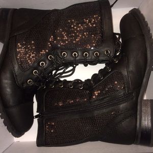 Black sequins combat boots