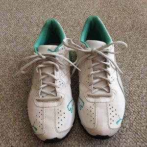 White and Teal Pumas Size 9