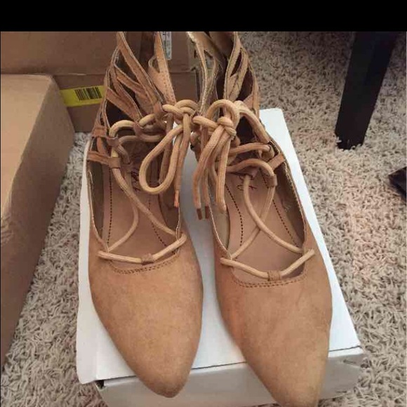 Tan Pointy-Toe Lace Up Flats