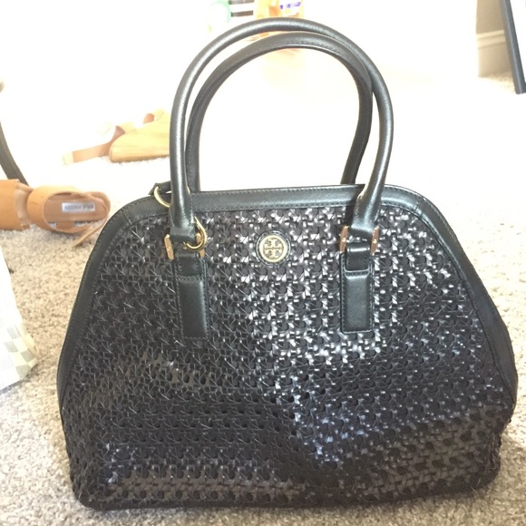 Large black woven leather tb tote