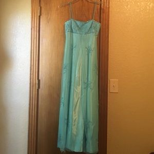 Blue dress with beaded flower pattern