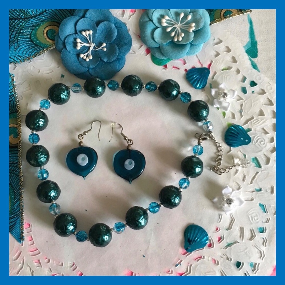 TEAL CHOKER NECKLACE & EARRINGS